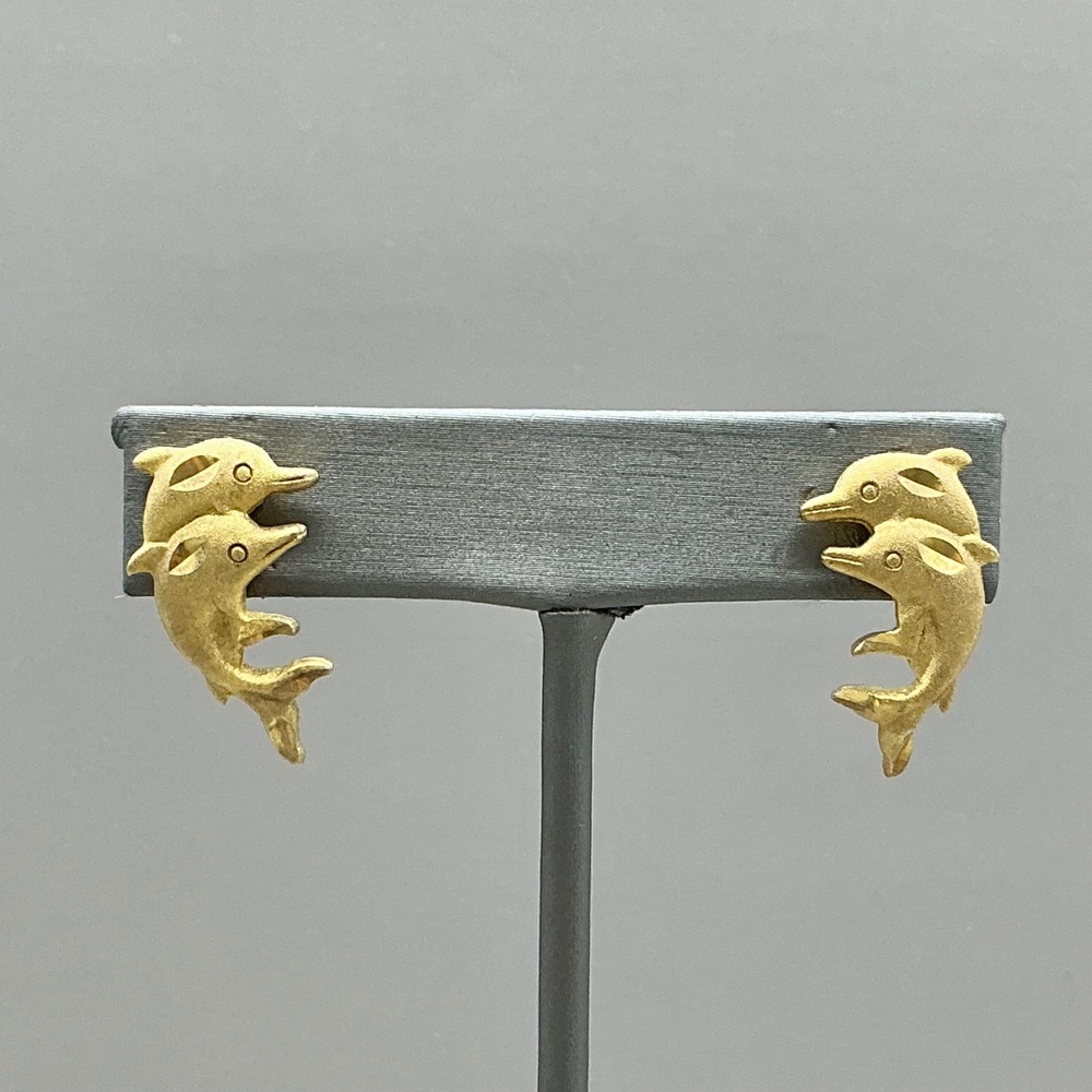 Earrings Women Gold Tone Double Dolphin Nautical‎ Animal Pierced Studs 1 Inch